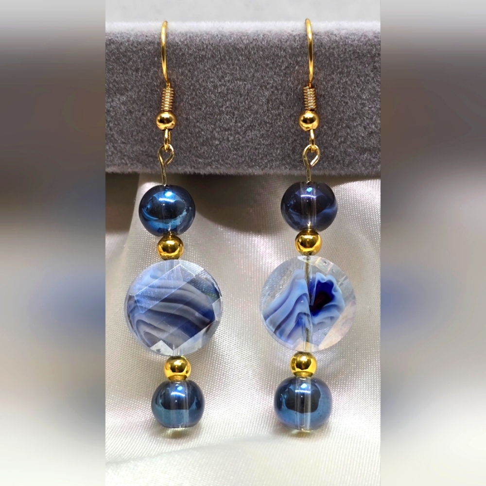 Blue Glass Beaded Gold Drop Earrings